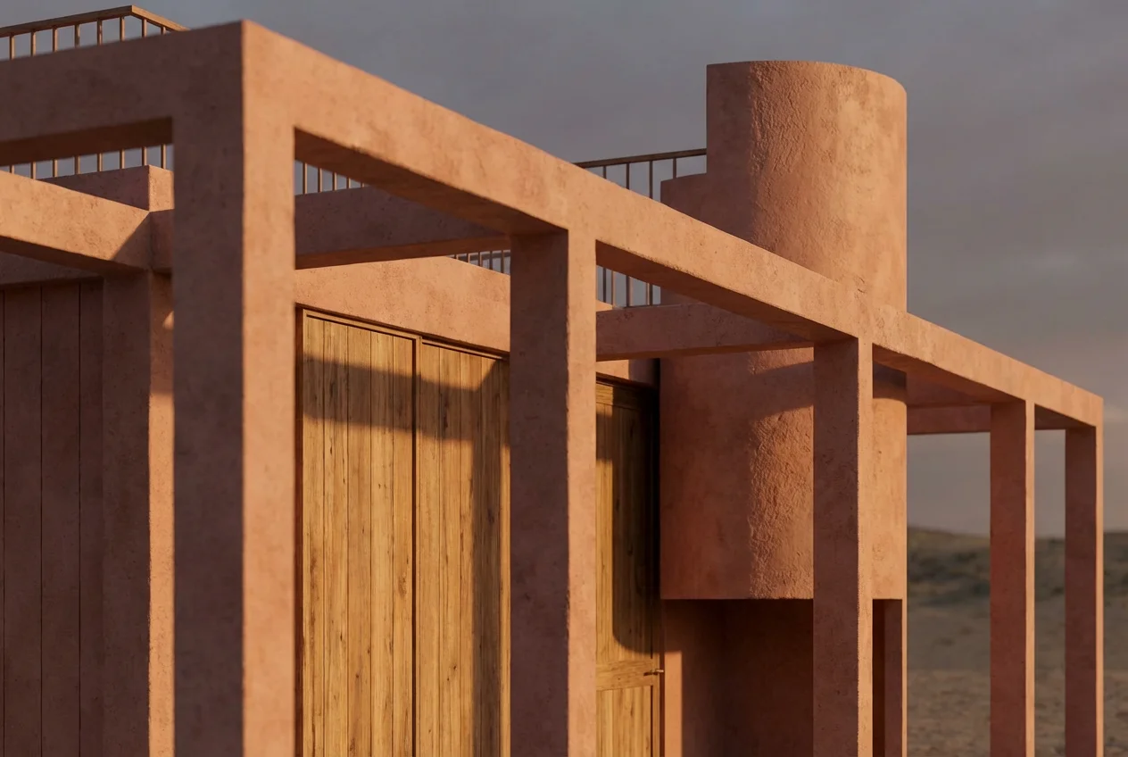 AI architectural render — desert pavilion material detail study